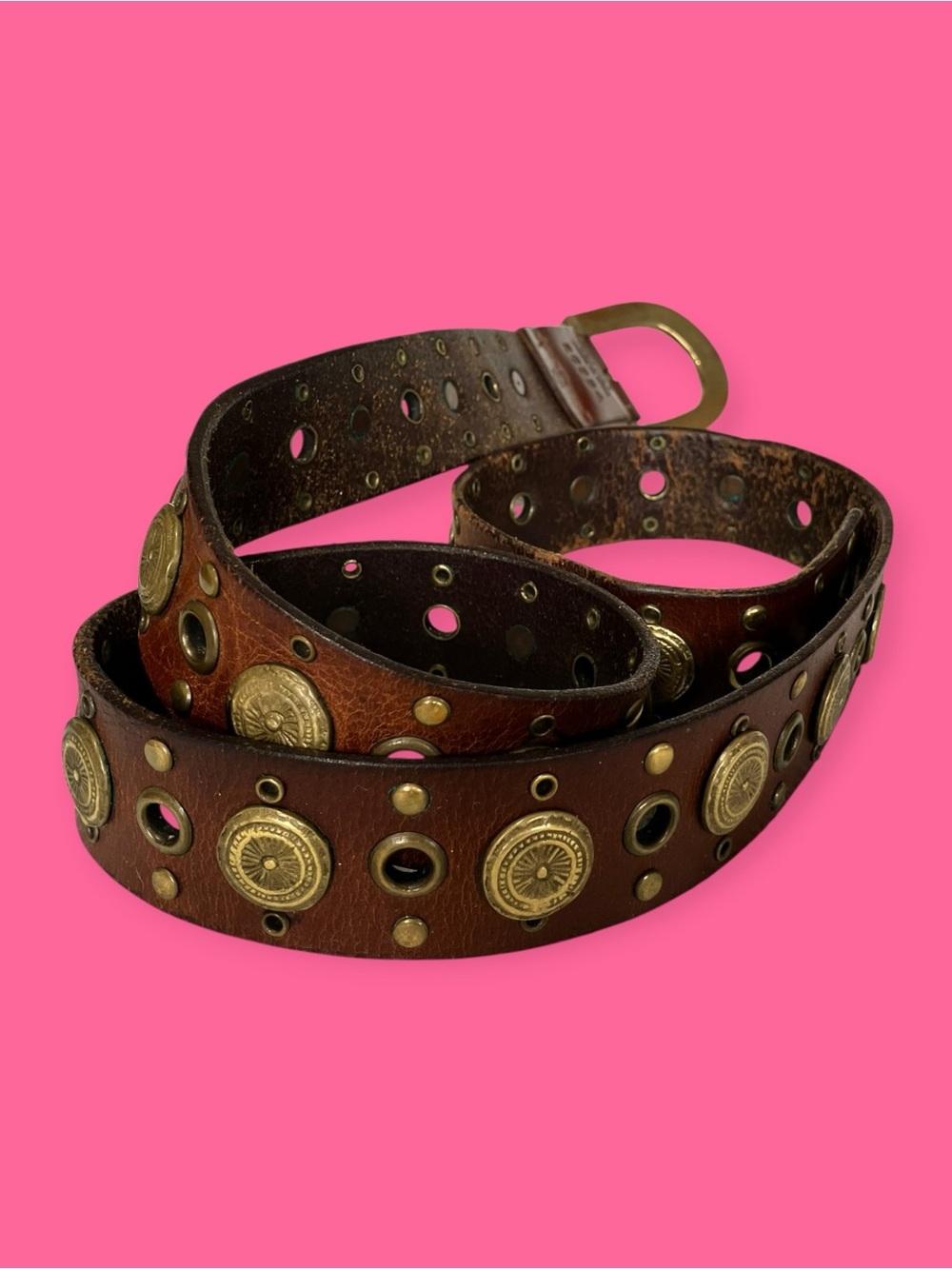Vintage-Inspired Brown Leather Studded Men's Belt with Brass Accents